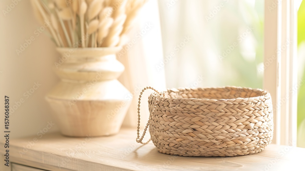 Fototapeta premium Woven Basket with Dried Flowers by Window Light