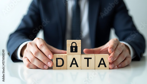 Businessman Protecting Data with a Padlock on Wooden Cubes Conceptual Image