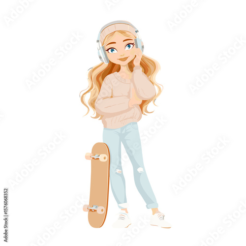 A young girl with headphones standing with skateboard.