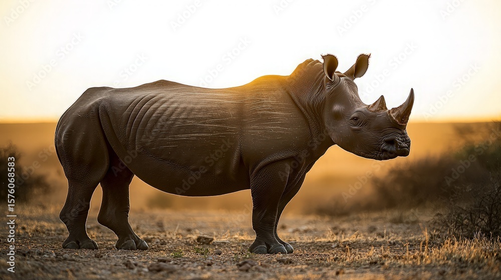Fototapeta premium Rhino stands in savanna landscape at sunset