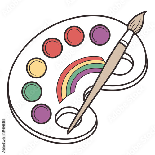 An artists palette with colorful paints and a paintbrush, isolated on white
