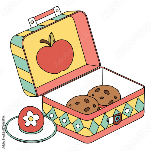 An open lunch box with cookies and a decorative apple on a plate