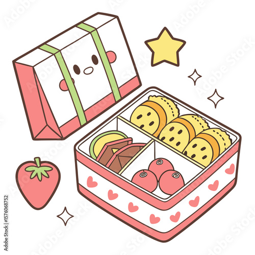 A cute bento box filled with snacks and a strawberry