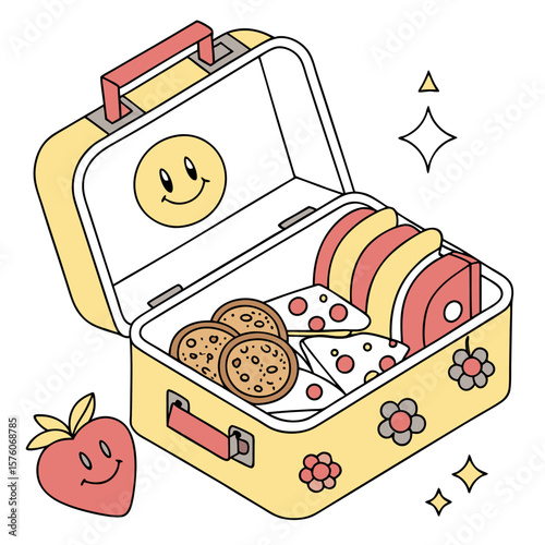 A cute yellow lunch box filled with snacks and a strawberry