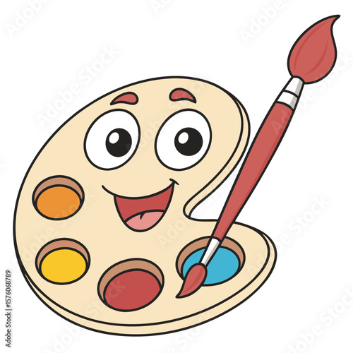 A cheerful cartoon paint palette with a brush, isolated on white