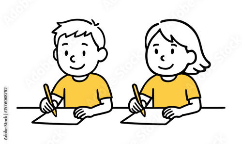 Boy And Girl Sitting at Desk Drawing with Pen. Writing at Desk, Child Writing, Educational Art. Hand-Drawn Line Vector Illustration Doodle Style