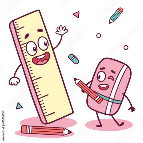 A happy ruler and eraser with pencils and geometric shapes