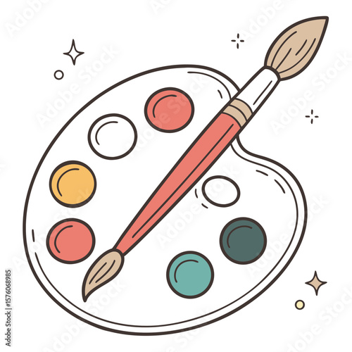 An artists palette with a brush and colorful paints, sparkling