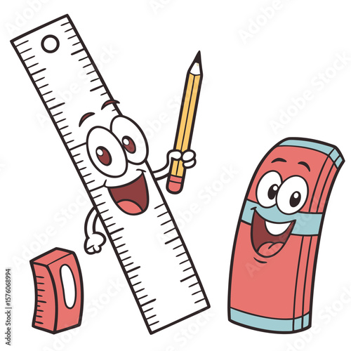 A happy ruler, pencil, and eraser characters with school supplies