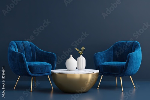 Two blue velvet chairs flanking a golden coffee table with vase. Interior design
