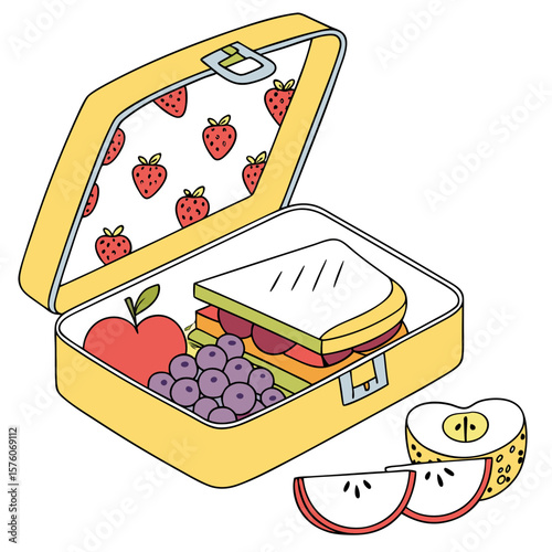 A yellow lunchbox with a sandwich, apple, grapes, and fruit slices