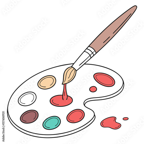 Art palette with red paint dripping from a brush