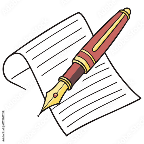 A classic fountain pen rests on a lined sheet of paper