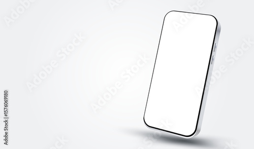 Realistic phone mock up front view. White mobile isolated with white screen for display your ux design, site, presentation and promo. 3d perspective smartphone on desk with shadow.