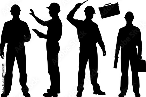 "Collection of six black silhouette figures of male construction workers shown in full-body frontal views. Each figure displays a different task or action—waist-level tools, overhead tool, shoulder to