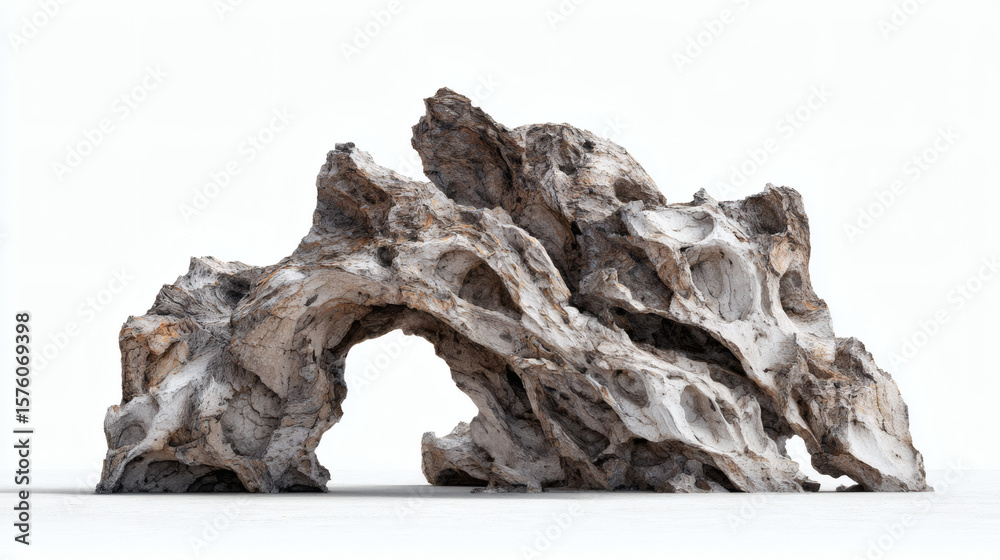 Obraz premium A unique and textured rock formation with an arch, isolated on white.