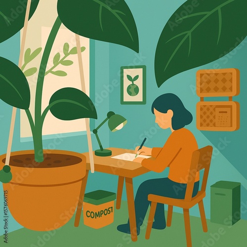 Serene Green Workspace with Hanging Plants