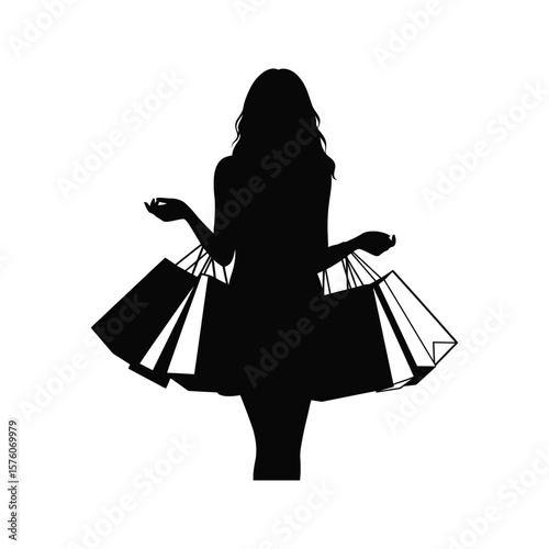 Woman Silhouette Carrying Multiple Shopping Bags Retail Therapy Shopping Spree Black and White Vector Illustration