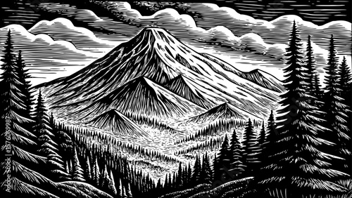 Mount Denali in Alaska, towering above forested wilderness with icy ridges, drawn in powerful black and white line art illustration for posters, explorers, and natural science visual design