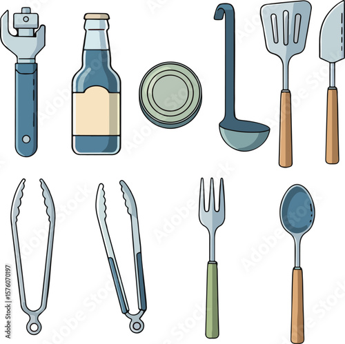Practical Kitchen Utensils and Drink Openers Vector Illustration