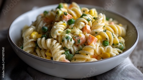 Creamy pasta salad featuring rotini pasta, peas, carrots, and corn, a culinary delight