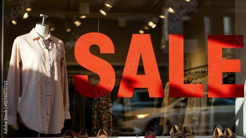 Clothing store window display featuring sale sign and shirt  