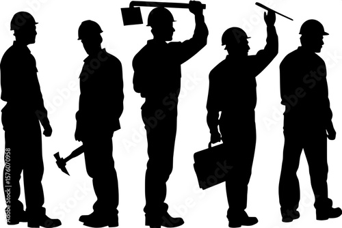 "Flat monochrome silhouette artwork featuring six construction workers in various poses—standing with tools, raising equipment overhead, carrying a long-handled tool, gesturing, checking a digital tab