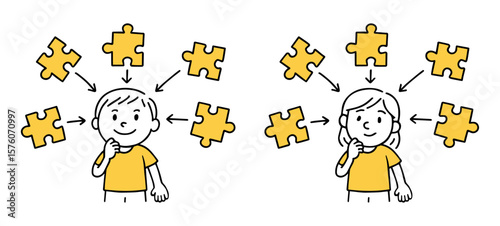 Boy And Girl Surrounded by Puzzle Pieces. Child Thinking, Solving Problem, Idea Generation, Brainstorming, Creativity Concept Doodle Line Art. Hand-Drawn Vector Illustration