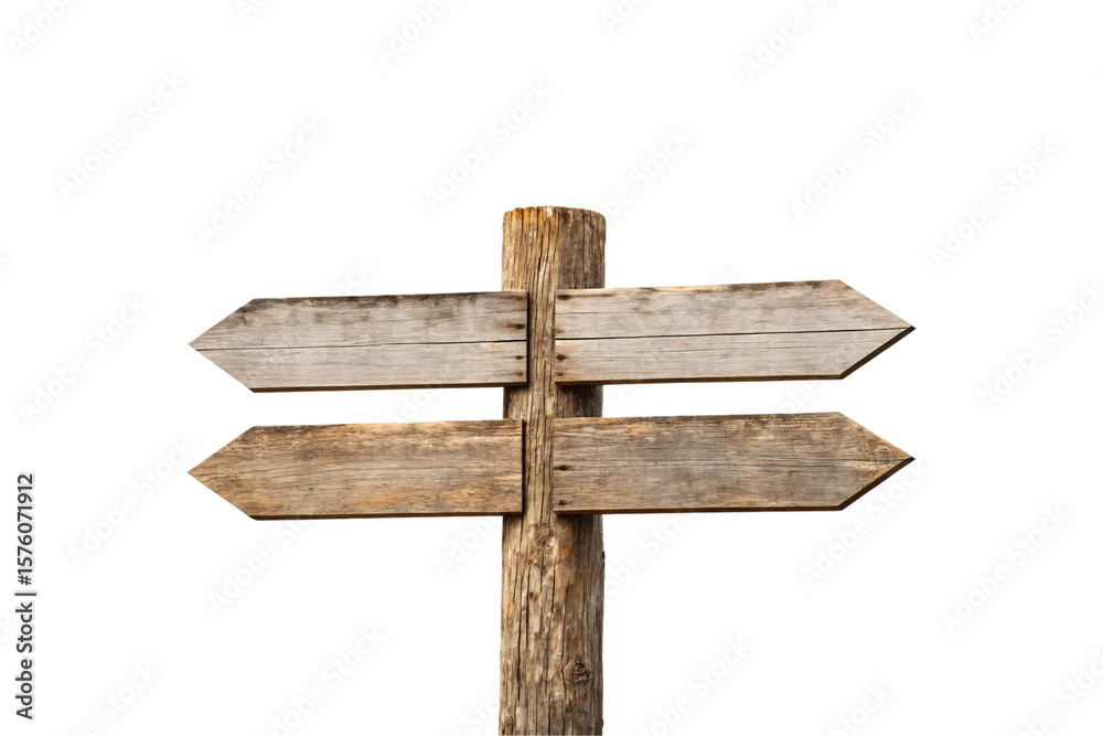 Fototapeta premium Simple wooden signpost featuring two horizontal arrow-shaped planks on natural weathered vertical wooden post, isolated on a transparent background