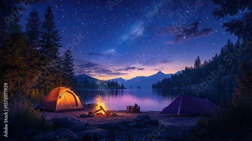 A serene night camping scene with two tents beside a lake, illuminated by a campfire under a star-filled sky and distant mountains.