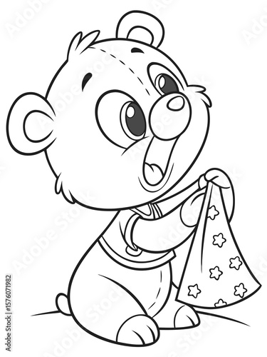 A cartoon baby bear yawning and holding a little blanket. Black-and-white line art, soft and sweet design for bedtime-themed coloring pages