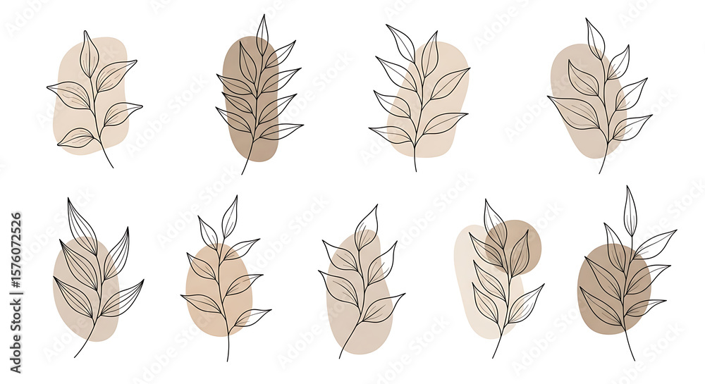 Fototapeta premium Minimalist Botanical Line Art with Abstract Shapes and Neutral Background