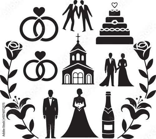 Elegant Wedding Icons Rings, Couple, Church, Cake, Flowers
