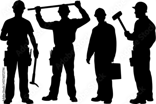 "A minimalist black-and-white silhouette illustration of six adult male construction workers, each in a unique full-body pose. One holds tools at his waist, one raises a tool overhead, one carries a l