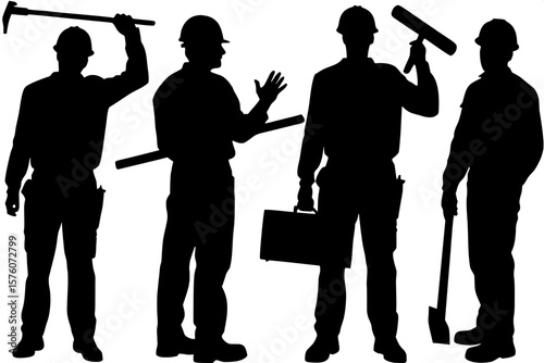 "A minimalist black-and-white silhouette illustration of six adult male construction workers, each in a unique full-body pose. One holds tools at his waist, one raises a tool overhead, one carries a l