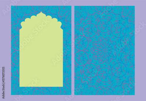 invitation template, wedding card, Indian Mughal style, ethnic window frame, yellow and blue, intricate mandala pattern