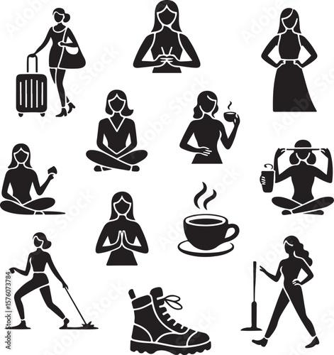 Collection of Diverse Women's Lifestyle Icons Travel, Yoga, Fitness, and More