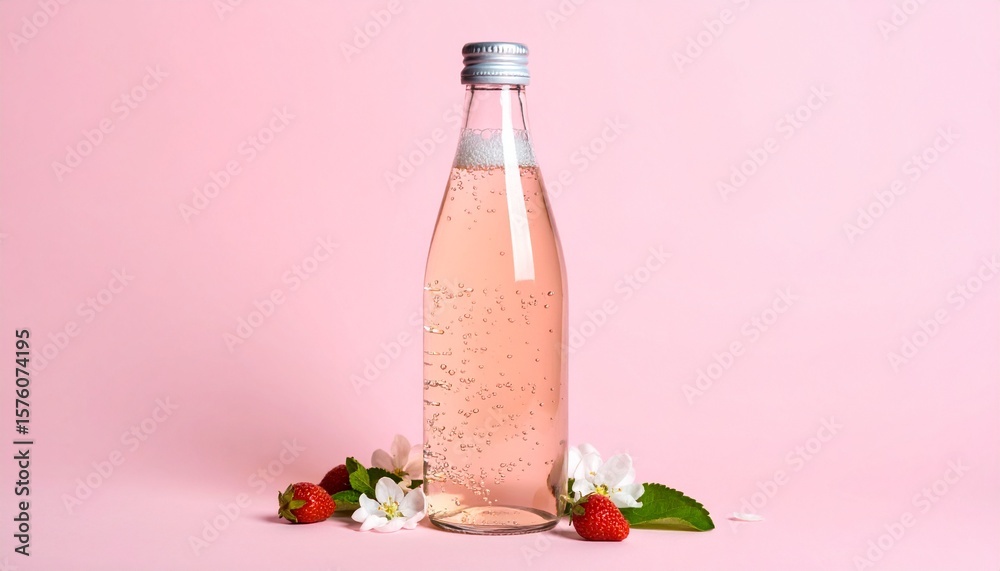 Obraz premium Bubbles enveloping a pink sparkling water bottle in the composition