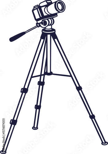 A detailed line drawing of a professional camera mounted on a sturdy tripod with a handle