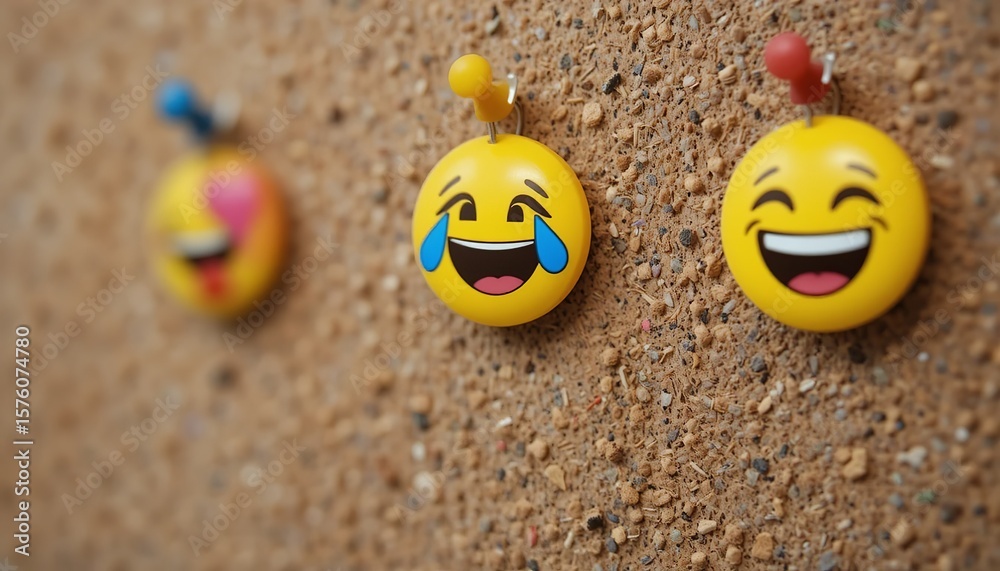 Obraz premium Three emoji pins attached to a cork board with varying expressions and push pin colors