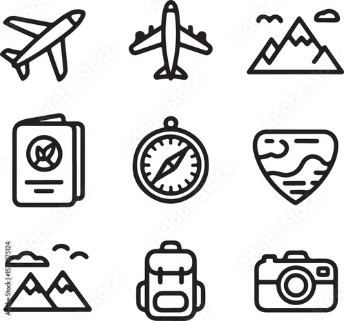 Travel Icons Airplane, Mountains, Passport, Compass, Backpack, Camera