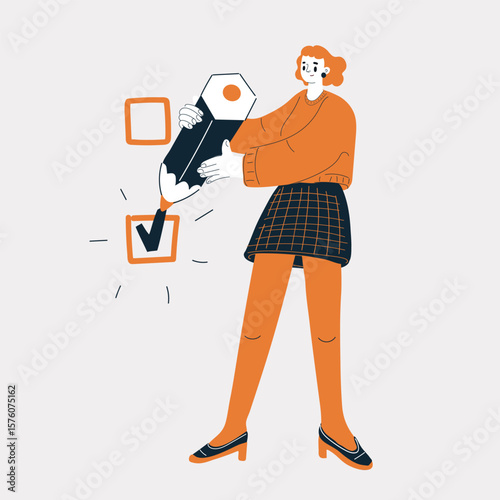Cartoon vector illustration of a woman planting a flag on a giant checkbox, symbolizing decisive choices and personal victory