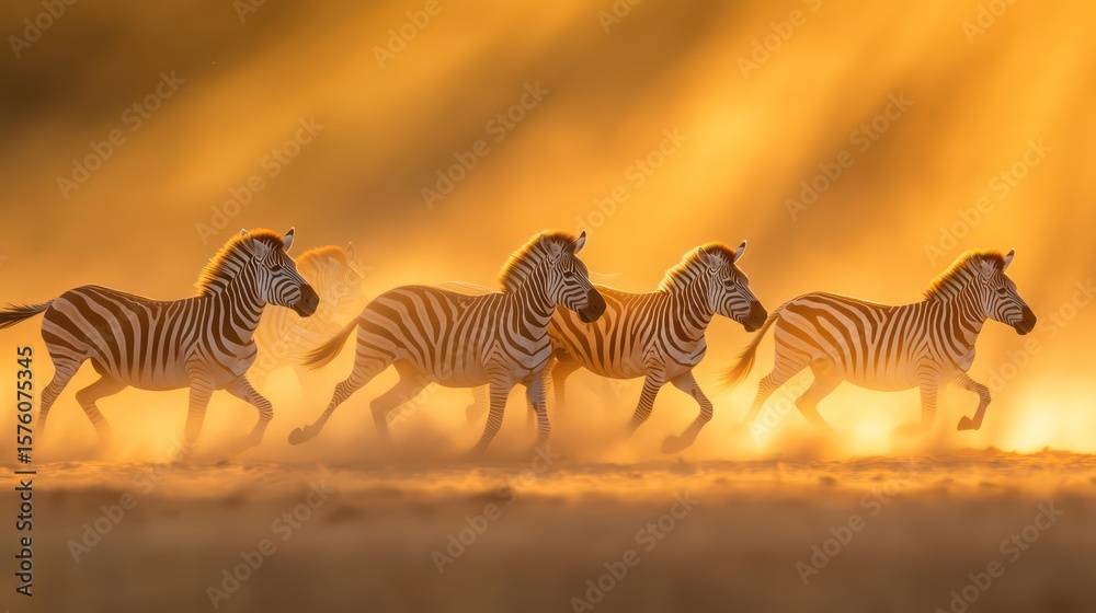 Fototapeta premium Zebras gallop through golden savanna, stripes glowing in sunlight, dust rising with motion.