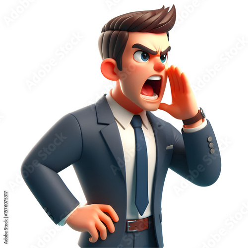 Angry cartoon businessman shouting, transparent background