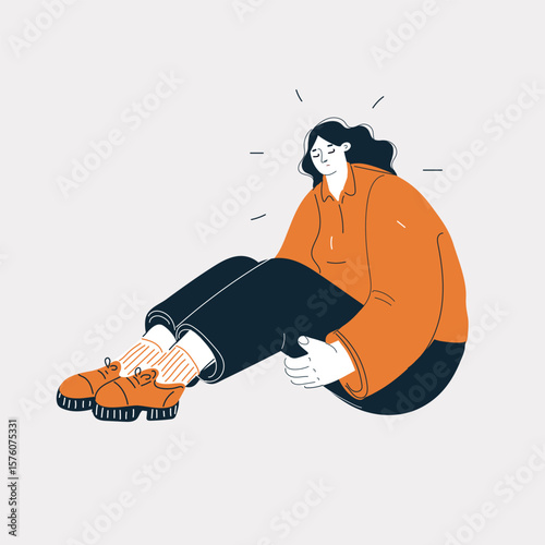 Cartoon vector illustration of a woman curled like a fragile shell, symbolizing emotional exhaustion, vulnerability, and the need for healing
