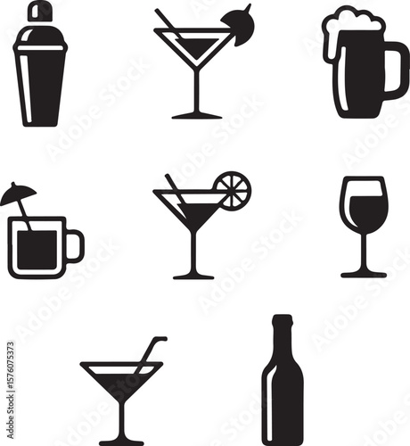 Cocktail Icons Martini, Beer, Wine, and More Drink Symbols