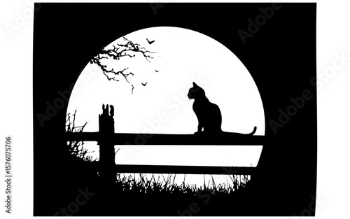 Cute Halloween Cat Vector – Black and White Line Art