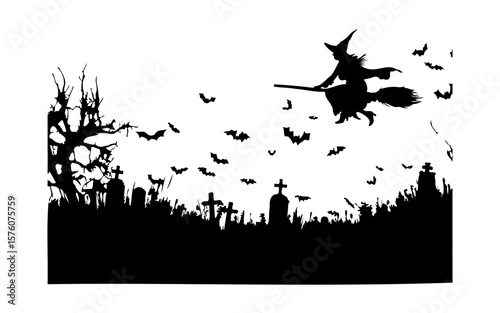 Haunted House – Halloween Black and White Vector Illustration