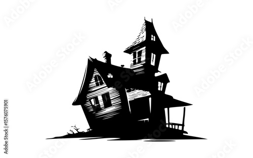 Haunted House – Halloween Black and White Vector Illustration
