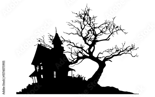 Haunted House – Halloween Black and White Vector Illustration